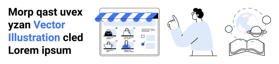 Shopping website interface with storefront elements, user pointing at screen, Stock Illustration