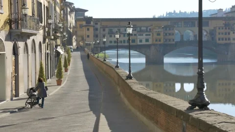 Shops closed and empty streets in Florence, during Covid-19 pandemic lockdown. Vídeo Stock 144436333
