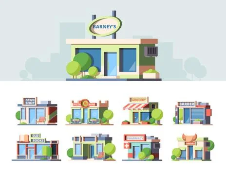 Shops fronts colorful flat vector illustrations set Stock Illustration
