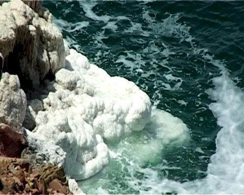 Shore of Dead Sea from Jordan side. Rocks are covered with white salt crystals Stock Footage 120803938