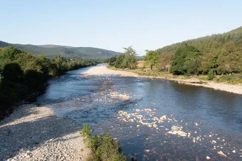Shore of River Dee in Ballater in Aberdeenshire in Scotland Stock Photos