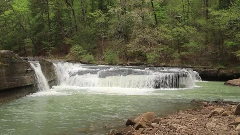 Shore view Ozark Short Waterfall Flowing Over Rock Ledge in Early Spring Forest Stock Footage 340921802