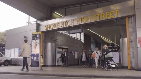 SHOREDITCH HIGH STREET TRAIN STATION, EXTERIOR OF ENTRY Stock Footage