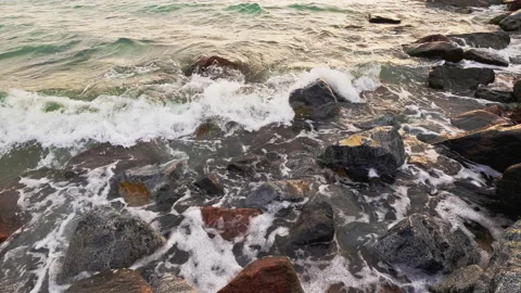 Shoreline background seashore scenery wave rocks Stock Footage 146370682