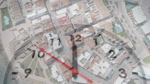 Shoreline drone pan starting clock overlay, red-hand rotating, aerial panning Stock Footage 329833206