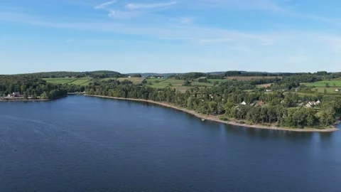 The shoreline of Lac des Settons in the Morvan region of France, aerial view. Stock Footage 346712108