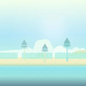 Shoreline landscape backdrop with radial light sky, coastal mountain ridge, and Stock Illustration