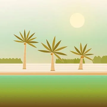 Shoreline landscape backdrop with sand beach, coastal trees, and picket fence Stock Illustration