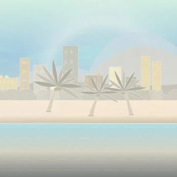 Shoreline landscape backdrop with sand beach, coastal trees, and picket fence Stock Illustration