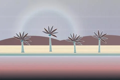 Shoreline landscape backdrop with sand beach, coastal trees, and picket fence Stock Illustration