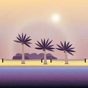 Shoreline landscape backdrop with sand beach, coastal trees, and rope-post fence Stock Illustration
