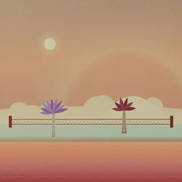 Shoreline landscape backdrop with sand beach, coastal trees, and chain-link fenc Stock Illustration