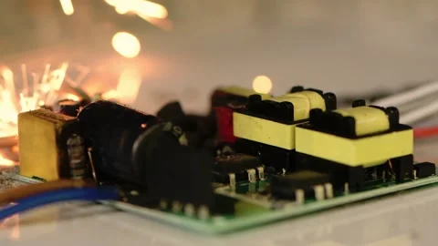 Short circuit and sparking on the electronic board. Moment of device failure wit Stock Footage 310038200