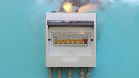 Short circuit caused electrical fire in faulty electric panel wiring. Stock Footage 198371253