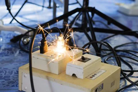 Short circuit, causing a spark to the plug. Using a non-standard power plug O Stock Photos