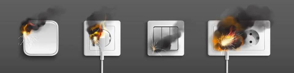 Short circuit fire in socket with plug and switch 스톡 일러스트