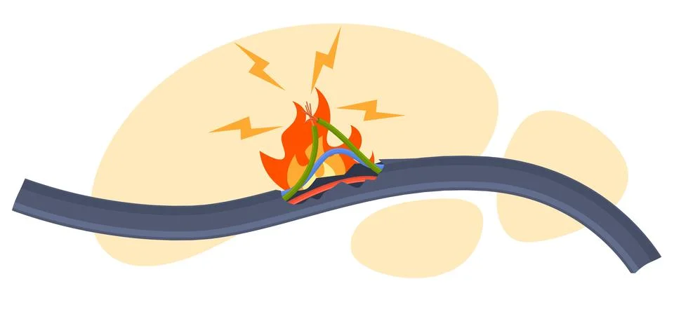 Short circuit in wire with flame. Electrical cord with fire and sparks. Broken Stock Illustration