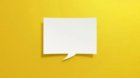 Short Empty Speech Bubble. White Cut Out Paper on Yellow Background. 3D Render. Stock Photos