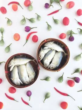 Short mackerel on a round crate made of bamboo, used to transport fruits or f Stock Photos