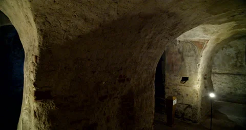 Short Pan of Arches of Underground Crypt in San Giovanni Domnarum, Pavia Stock Footage 204080369