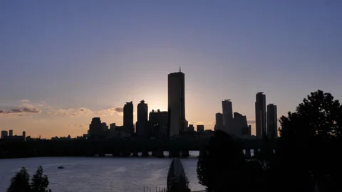Short sunset view with silhouettes of modern high-rises at Yeoui-dong district Stock Footage 292919192