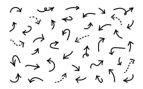 Short thick hand drawn arrows pointing in different directions. Doodle poin.. Stock Illustration