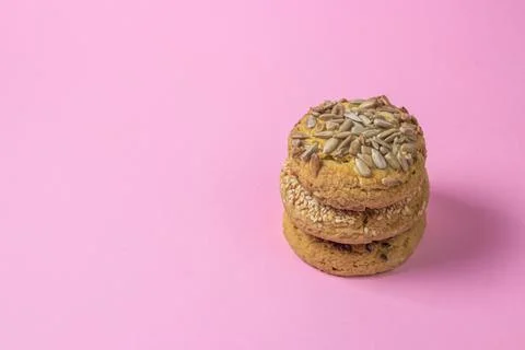 Shortbread cookies on a pink background. Shortbread biscuits with sprinkles.  Stock Photos