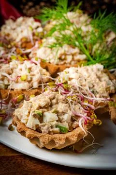 Shortbread muffins stuffed with tuna paste Stock Photos