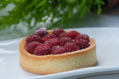 Shortbread sweet appetizing cake decorated with raspberries Stock Photos