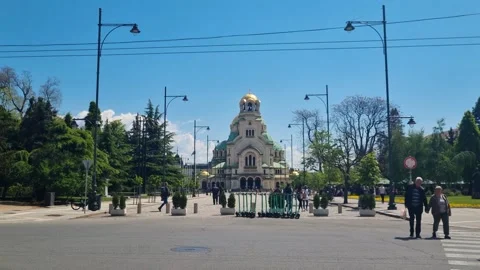 Shot of the Alexander Nevsky Cathedral in Sofia, Bulgaria, under a clear blue Stock Footage 314300322