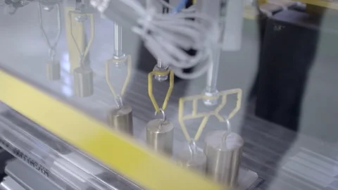 Shot of automated machinery pulling up cylindrical steel objects. Stock Footage 98302166