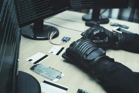 Shot from the Back to Hacker Breaking into Corporate Data Servers from His Foto stock
