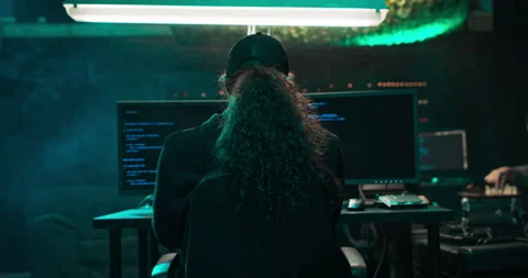 Shot from the Back to Hooded Hacker Breaking into Corporate Data Servers from Stock Footage 146049184