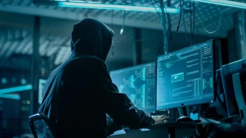 Shot from the Back to Hooded Hacker Breaking into Corporate Data Servers from Foto stock