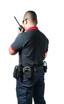 Shot from the back Security guards talk radios There are rubber batons and ha Stock Photos