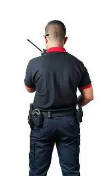 Shot from the back Security guards talk radios There are rubber batons and ha Stock Photos
