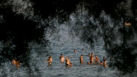 Shot from behind tree leafs of crowd of people in beach swimming playing in sea Stock Footage 90269039