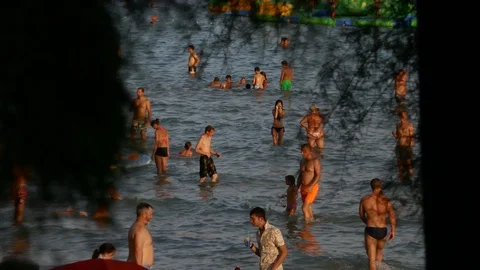 Shot from behind tree leafs of crowd of people swimming and playing in sea beach Video stock 90270223