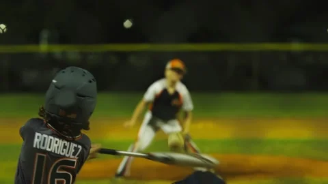 Shot from behind umpire of batter hitting ball during baseball game Stockbeeldmateriaal 130278888