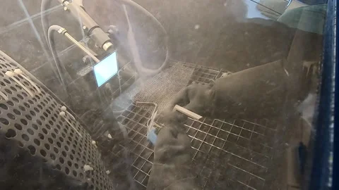 Shot blasting Shot blasting of model printed on 3D printer from polyamide powder Stock Footage 229191028