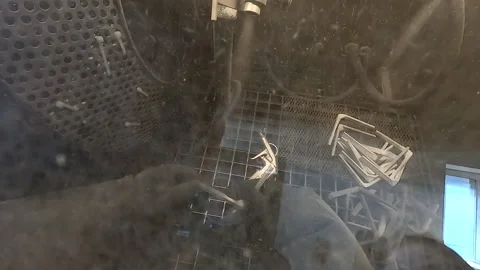 Shot blasting Shot blasting of model printed on 3D printer from polyamide powder Stock Footage 229423486