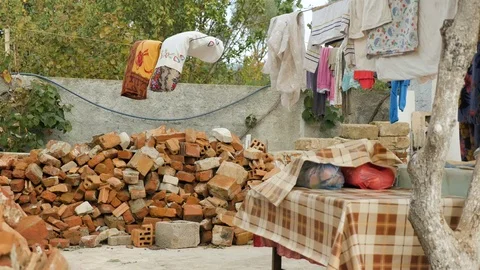 Shot of  bricks in a garden in Shkodër, Albania, close Stock Footage 84679399
