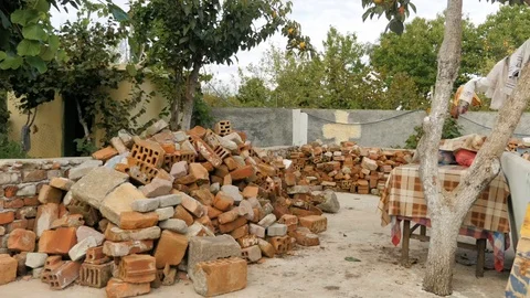 Shot of  bricks in a garden in Shkodër, Albania, wide Video stock 84679407
