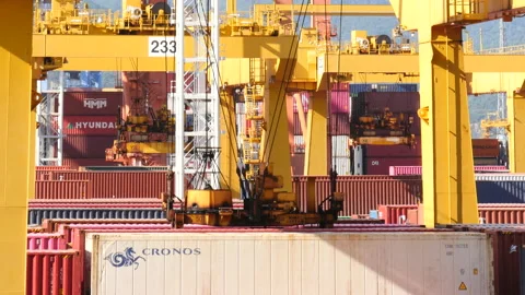 Shot of cargo container moving up at Sinhangman Port Video stock 164009763