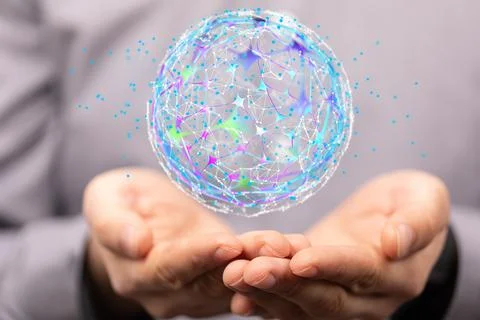 Shot of a circular data network digital concept over human hands Stock Photos