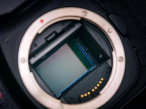 A shot of the CMOS sensor inside of a DSLR camera Stock Photos