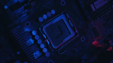 Shot with colorful light macro electronic part of a computer disassemble the Stock Footage 122084922