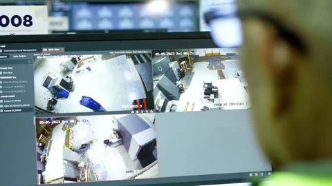 Shot of computer screen, with view of surveillance cameras Stock Footage 256758681