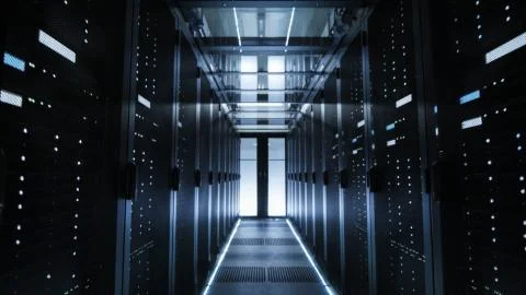 Shot of a Corridor in Large Working Data Center Full of Rack Servers and Supe Stock Photos