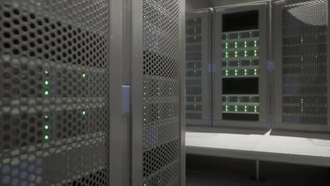 Shot of Corridor in Working Data Center Full of Rack Servers and Supercompute 스톡 일러스트